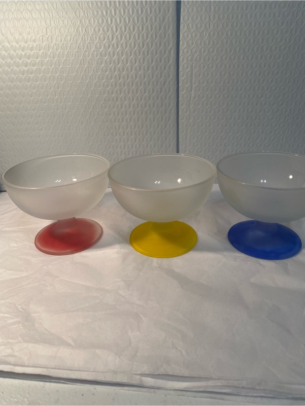 Vintage Frosted Glass Dessert Bowls with Red, Yellow & Blue Pedestals